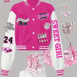 Chic Girls' Letter Print Varsity Jacket